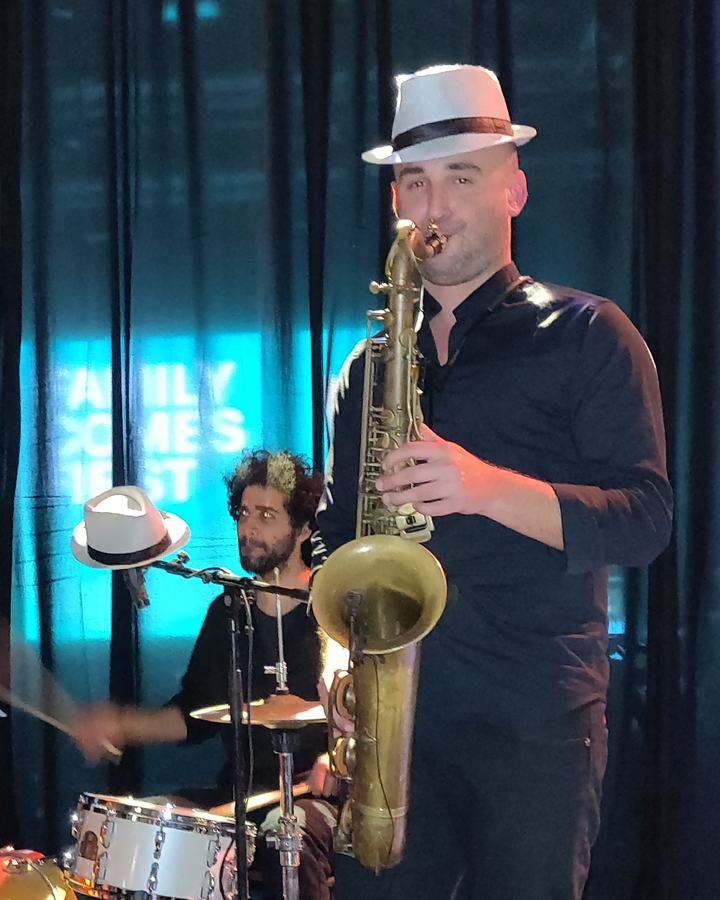 Jazzmen – jazz band for weddings and events in Israel: saxophone, guitar, double bass and drums on stage