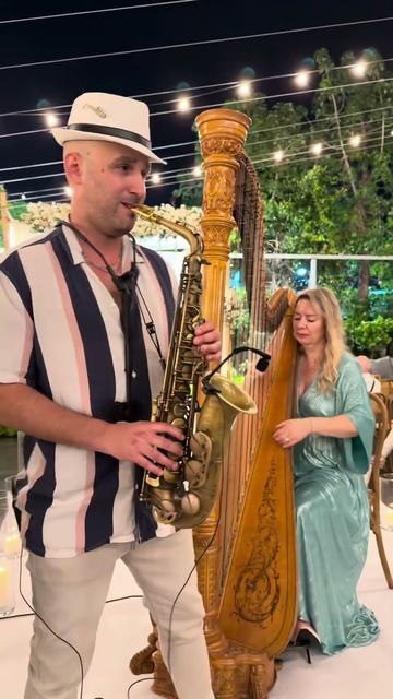 נבל וסקסופון לקבלת פנים – נגנית נבל וסקסופוניסט מנגנים מתחת לשרשראות אורות בקבלת פנים